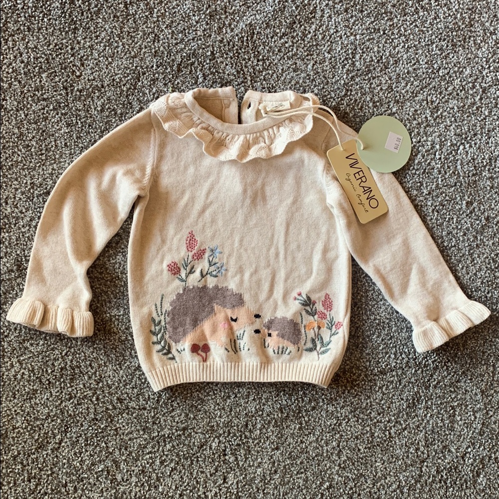 Viverano Organic Cotton Cream Sweater with Hedgehog Design